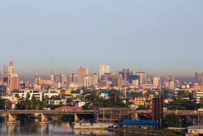 City skyline with river in background