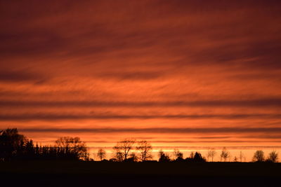 Silhouette trees against dramatic sky during sunset