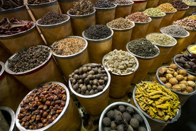 High angle view of food for sale at market stall