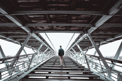 Rear view of man on bridge against sky