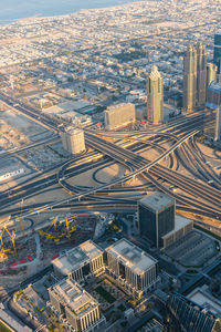 High angle view of modern buildings in city