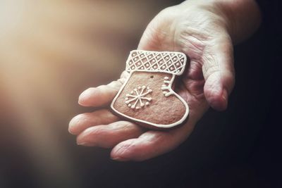 Cropped hand holding gingerbread cookie during christmas