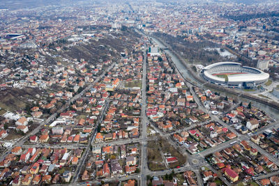 Aerial urban landscape, houses and flat of blocks. above view of cluj napoca, city, romania