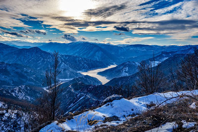 Scenic view of snowcapped mountains against sky during winter