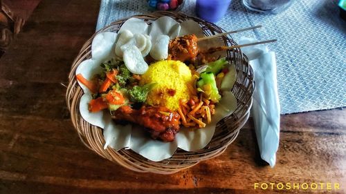 High angle view of breakfast served on table