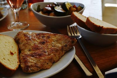 Close-up of meal served on table