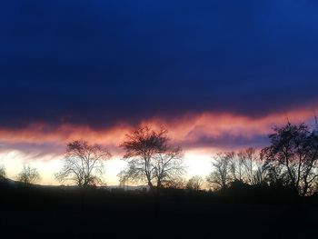 Silhouette trees on field against sky at sunset