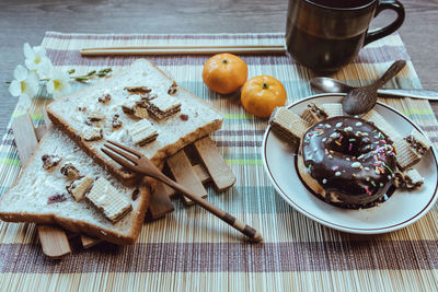 High angle view of dessert in plate on table