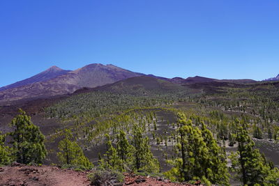 Scenic view of mountains against clear blue sky