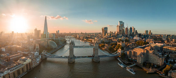 Aerial view of the london tower bridge at sunset.