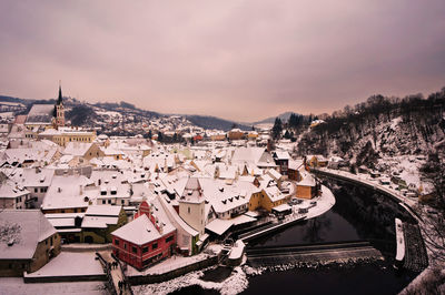 Aerial view of town during winter