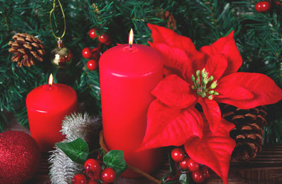 Close-up of christmas decorations on table