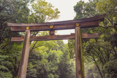 Low angle view of cross amidst trees in forest