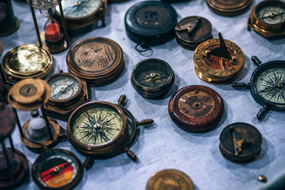 High angle view of navigational compasses at market stall