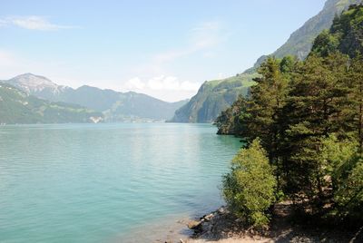 Scenic view of lake and mountains against sky