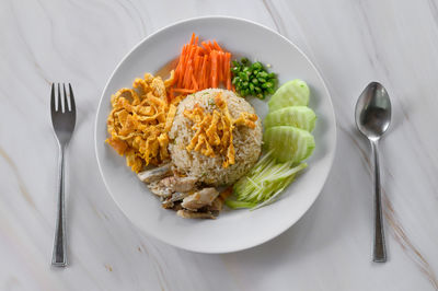 High angle view of breakfast served on table