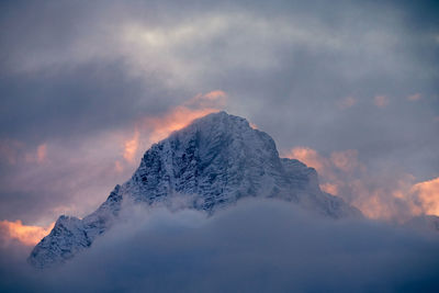 Scenic view of snow covered mountains against sky during sunset