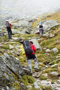 Rear view of people hiking on mountain