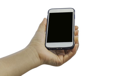 Low angle view of smart phone against white background