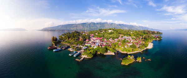 High angle view of bay against sky