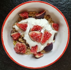 High angle view of breakfast on table