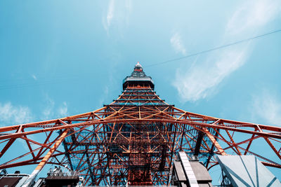 Low angle view of tokyo tower against cloudy sky