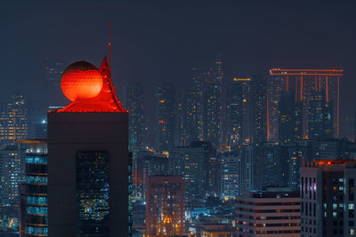 Illuminated buildings in city at night