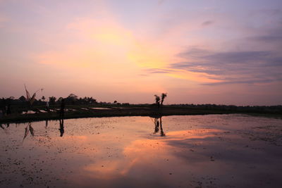 Silhouette people on beach against sky during sunset