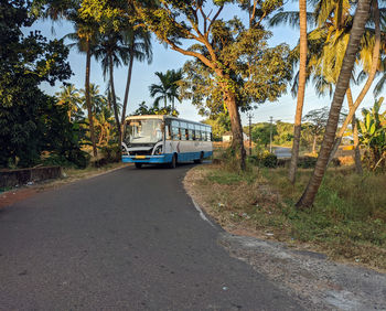Goan village morning scene of kadamba transport corporation intercity bus on a narrow winding road
