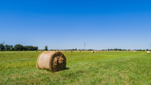 Hay bales on green landscape against blue sky