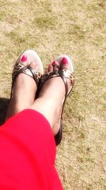 Low section of woman wearing shoes on field