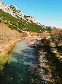 Scenic view of landscape against clear blue sky