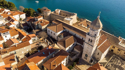 Aerial view of historic adriatic town of krk , island of krk, kvarner bay of adriatic sea, croatia