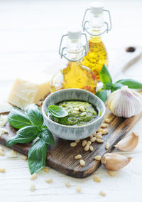 Fresh made pesto sauce. green basil pesto. ingredient for pesto sauce 