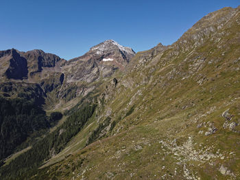 Scenic view of mountains against clear blue sky