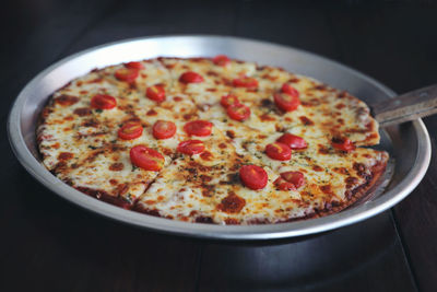 High angle view of pizza on table