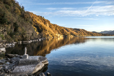 Scenic view of lake by mountain against sky