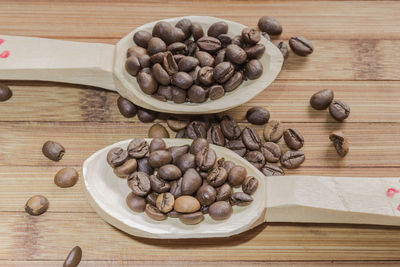 High angle view of coffee beans on table