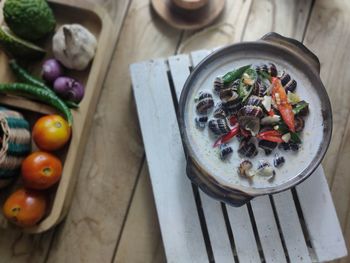 High angle view of vegetables in bowl on table