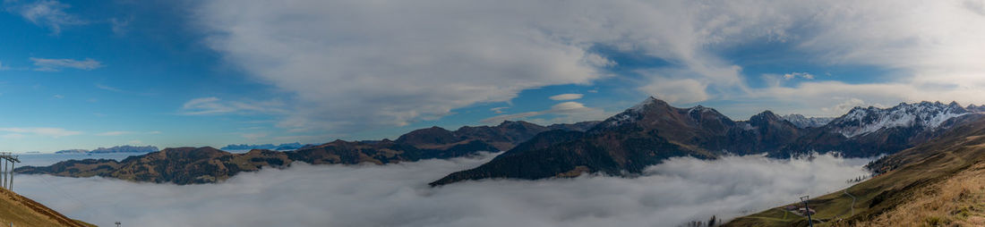 Panoramic view of snowcapped mountains against sky