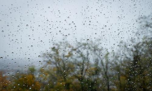 Close-up of wet window against clear sky