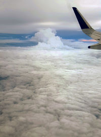 Airplane flying over sea against sky