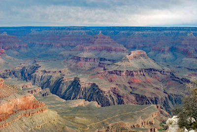 Aerial view of rock formations against cloudy sky
