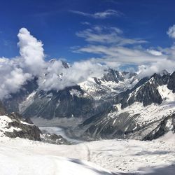 Scenic view of snow covered mountains against sky