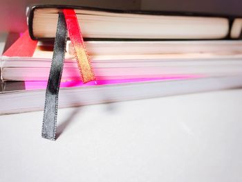 High angle view of books on table