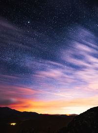 Scenic view of silhouette mountain against sky at night