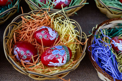 Close-up of colorful easter eggs in basket