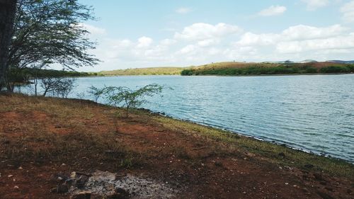 Scenic view of lake against cloudy sky