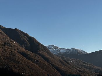 Scenic view of mountains against clear blue sky