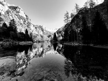 Scenic view of lake by mountains against sky